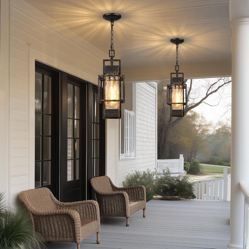 PARTPHONER 15" Outdoor Indoor Pendant Light Exterior Hanging Lantern, Modern Black Metal Outside Chandelier Light Fixture Ceiling Mount with Water Glass for Front Porch Entrance Foyer Entryway, Black Brush Gold - Image 5